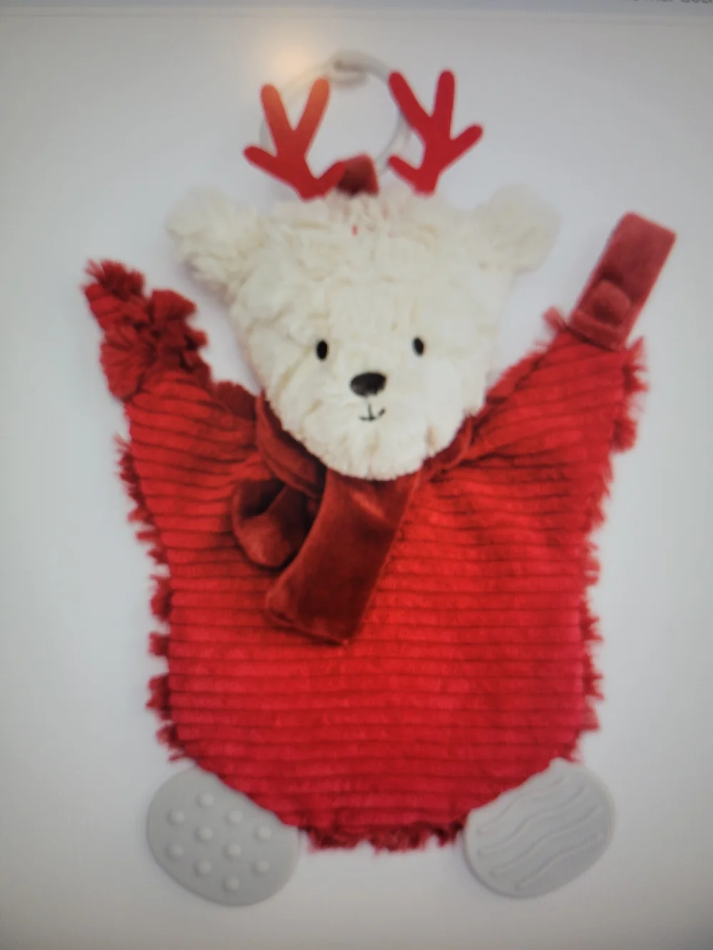 Demdaco Red and Cream Reindeer Plush Teether Lovey NWT